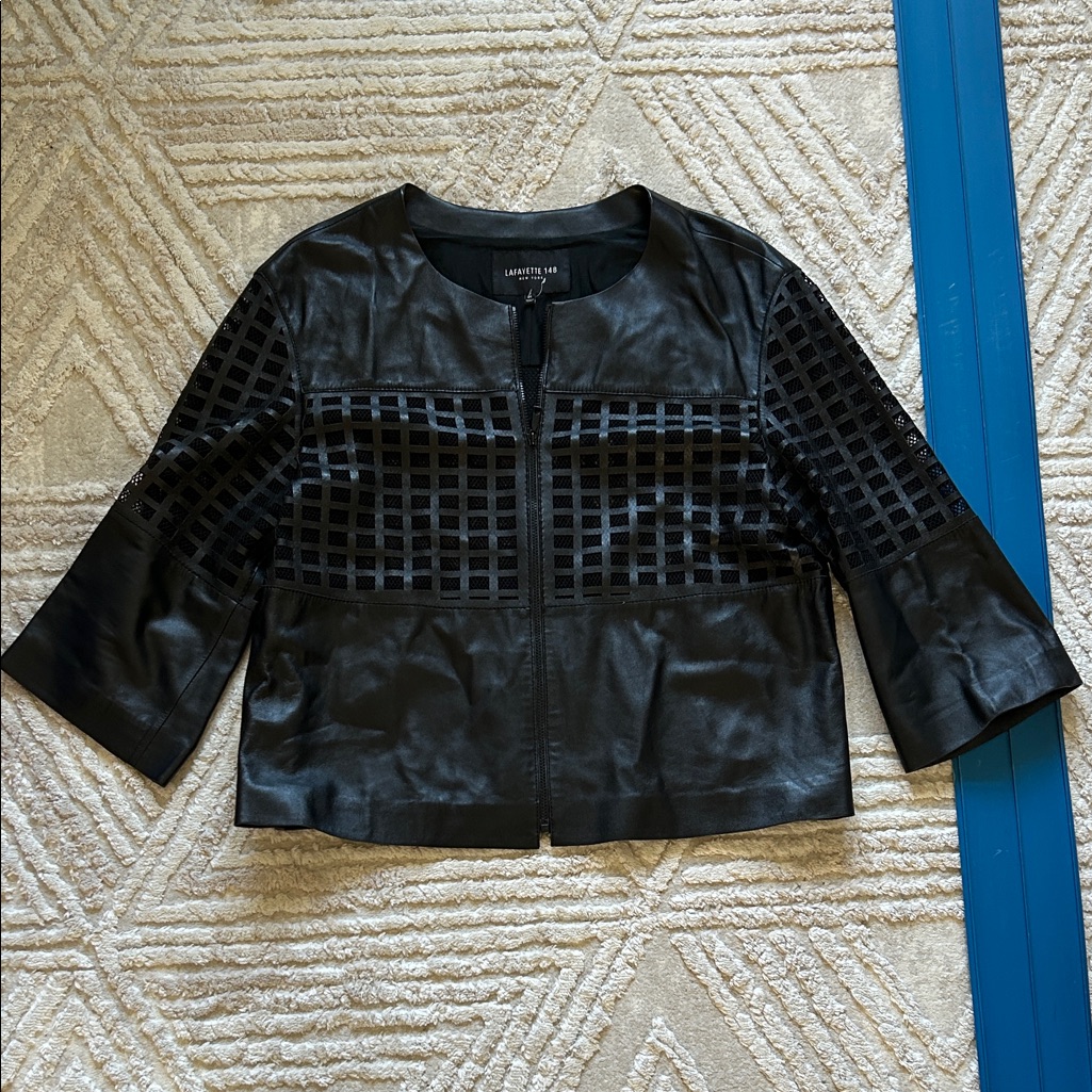 Lafayette 148 New York Black Grid-Panel Cropped Leather Jacket